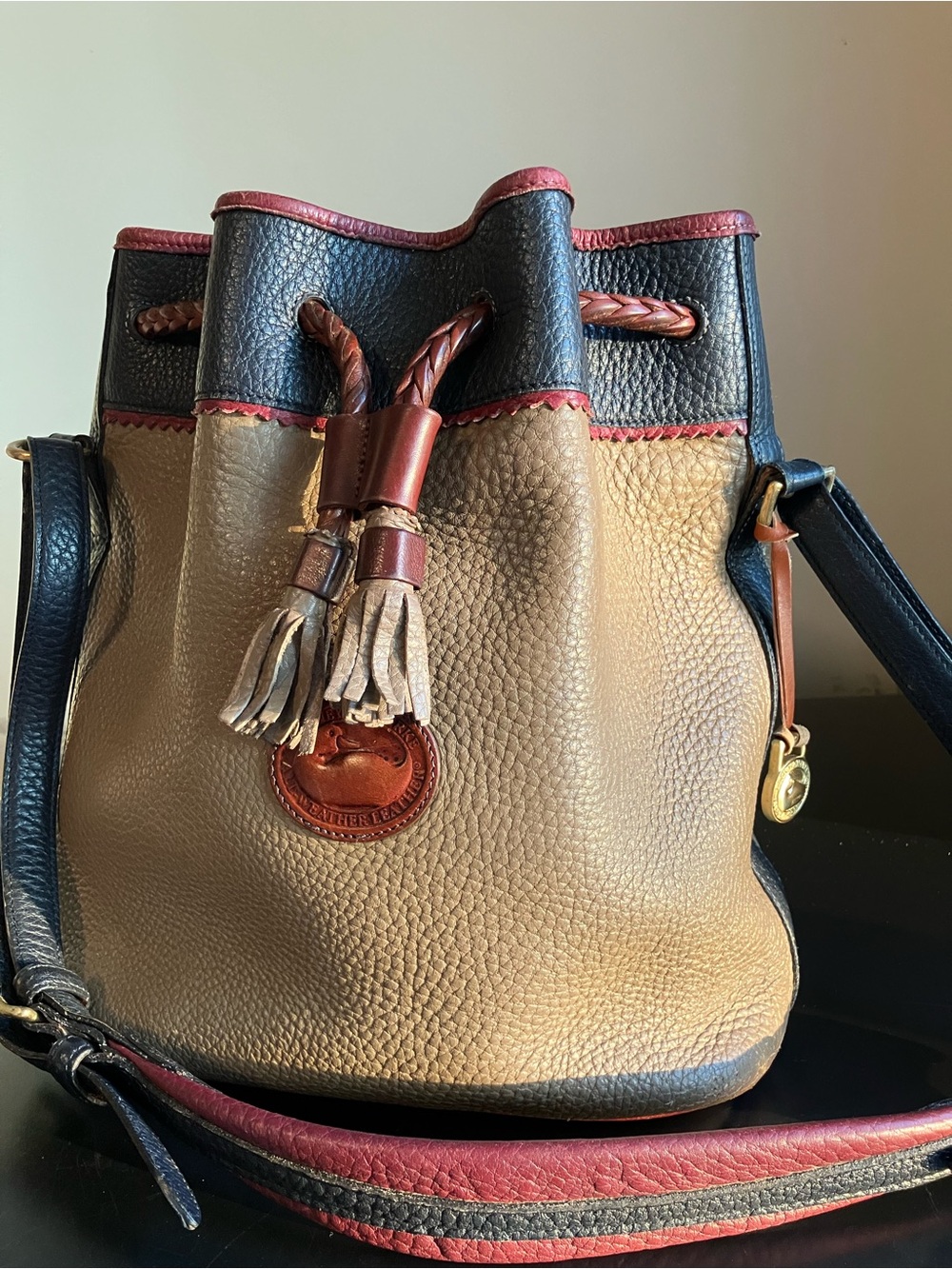 Dooney & Bourke Made in USA Teton Tan, Black & Burgundy Drawstring Shoulder Bag